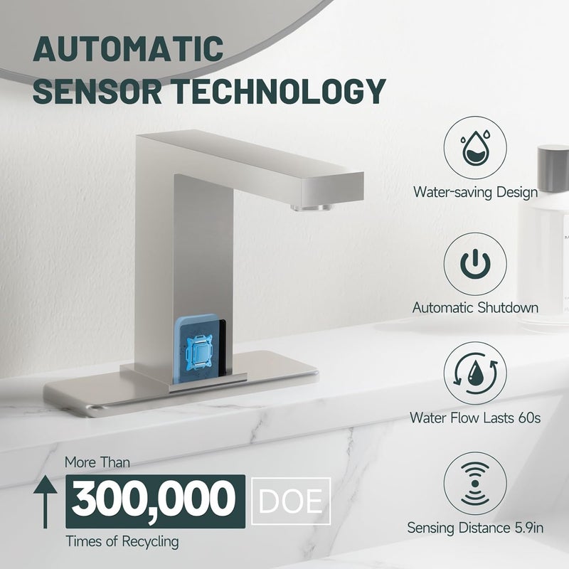 Green Spring Touchless Bathroom Sink Faucet Smart Commercial Sink Faucet with Hole Cover Plate Temperature Mixer Battery or Plug-in Powered Automatic Motion Sensor Sink Faucet Brushed Nickel - Image 3